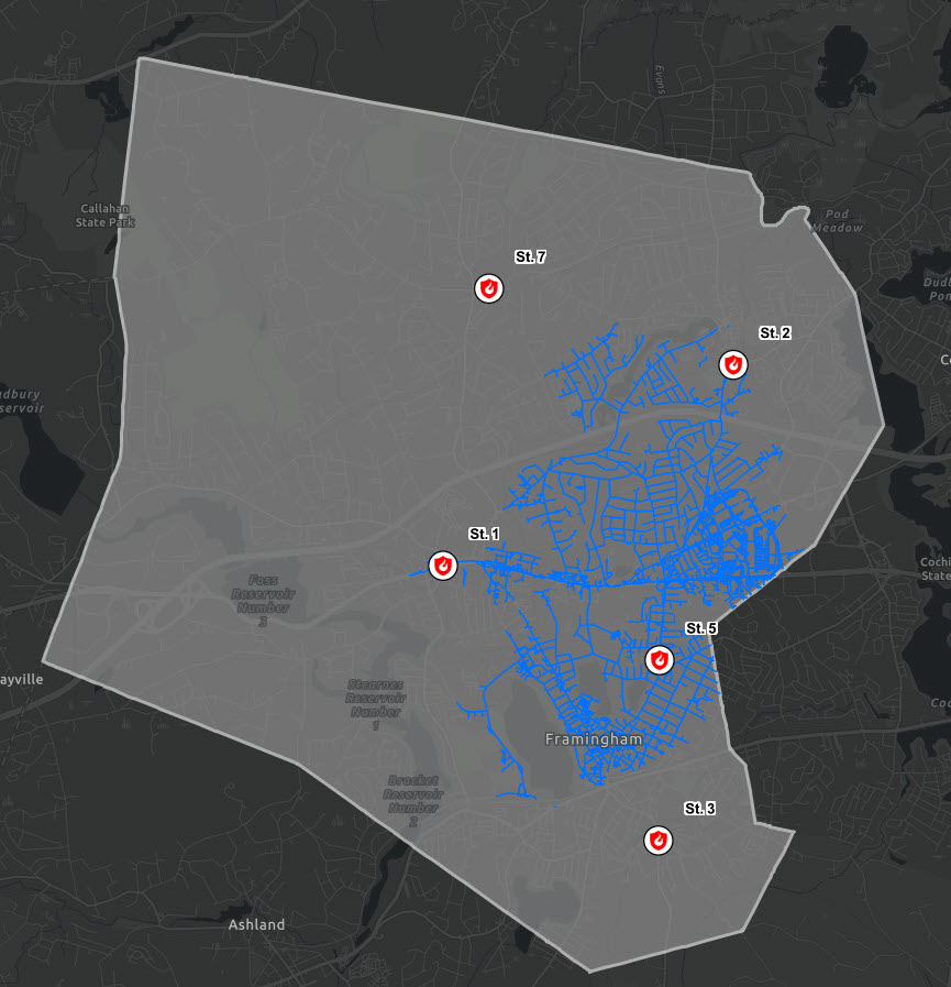 Map showing streets highlighted in blue, mostly in central/eastern Framingham